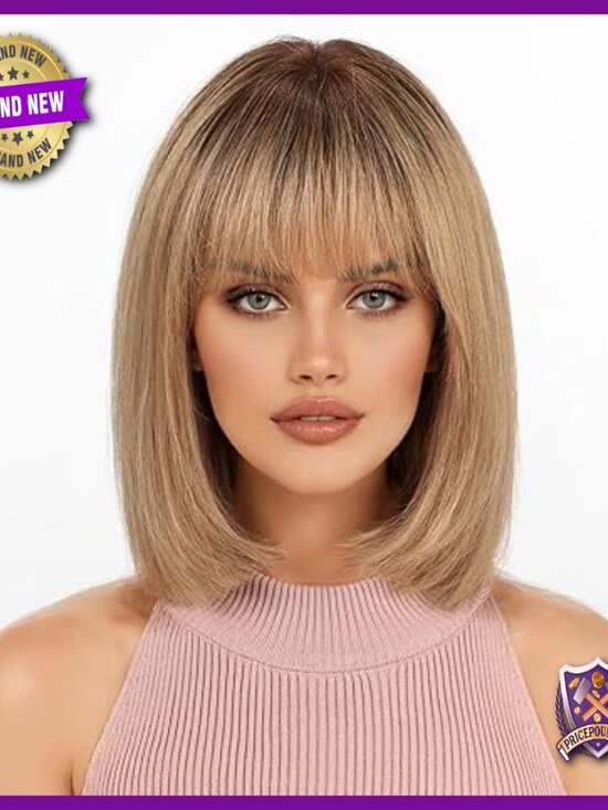 Real Human Hair Wig with Bangs, Heat-Friendly, Lightweight, Natural Look